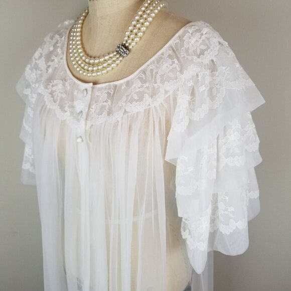 Vintage 1950's Feminine White with Lace Trim Peignoir Robe Nightie Ladies Sz Med - Picture 4 of 12